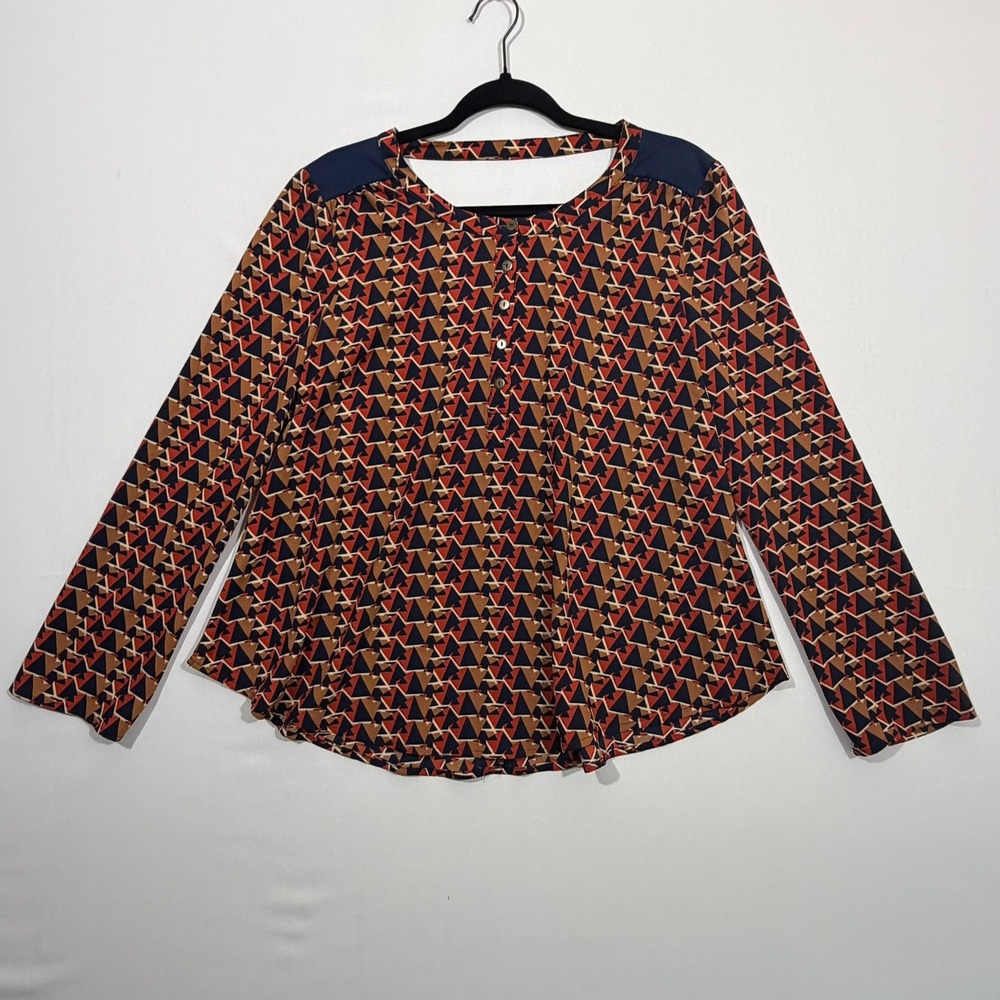 Miss Me Geometric Blouse Womens‎ S Navy Brown Triangle Cutout Boho Indie